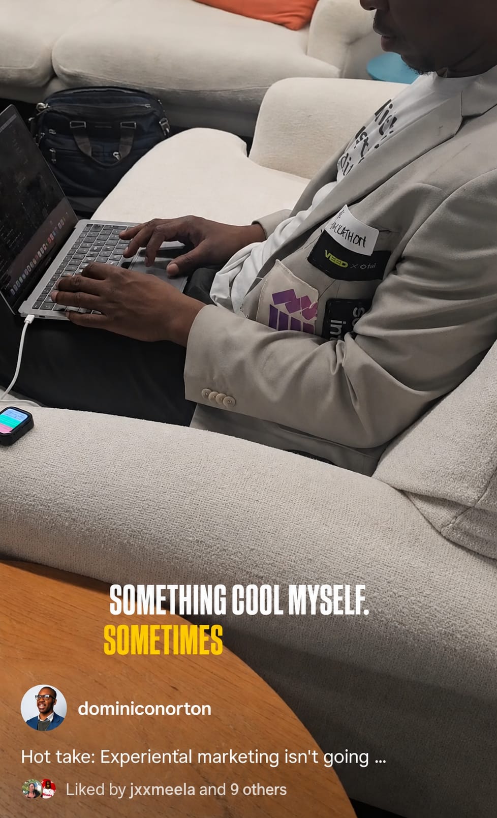 Social media post showing brand patches on a blazer while working on a laptop